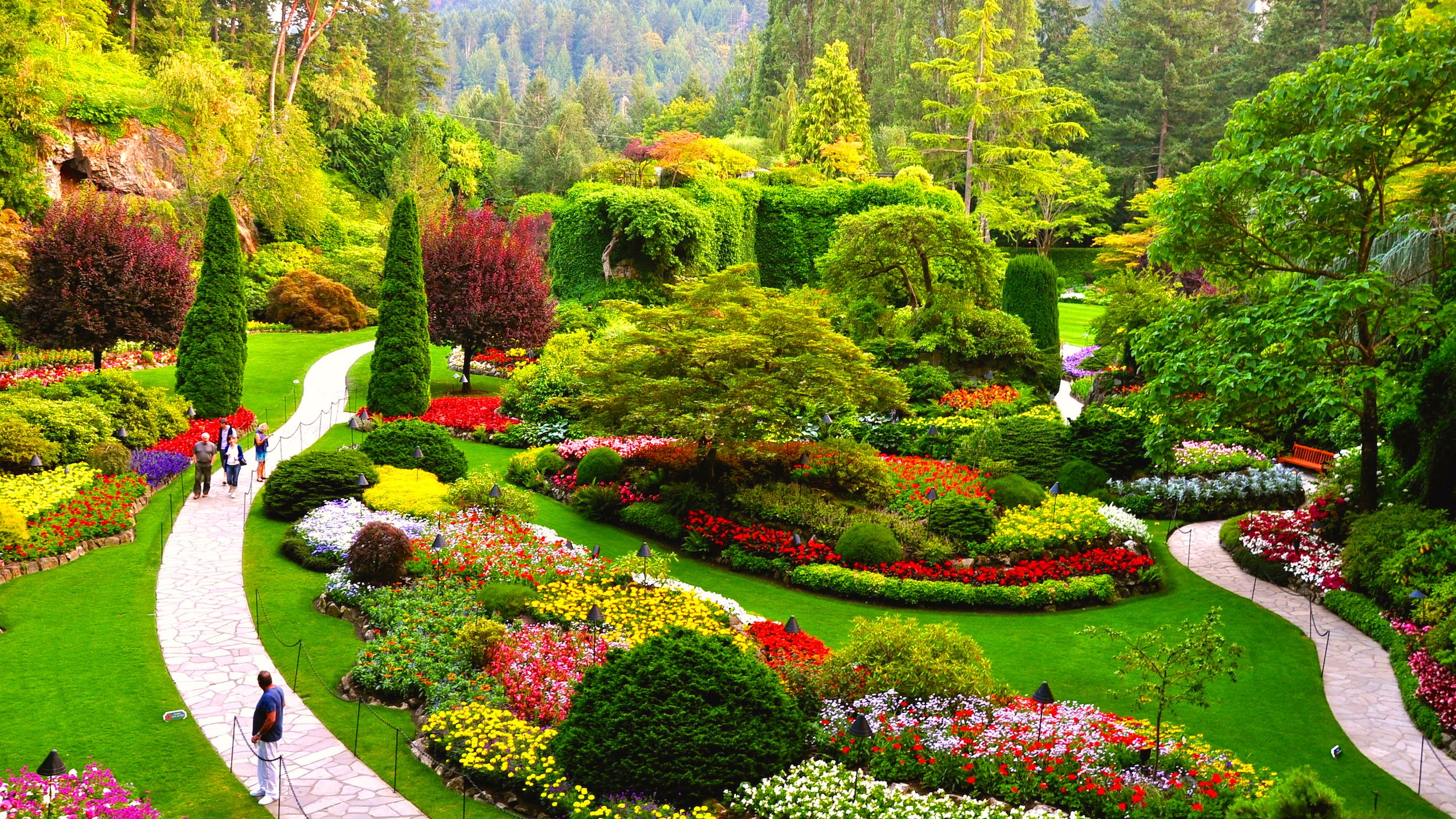 Le jardin englouti des jardins Butchart, parterres fleuris et allées